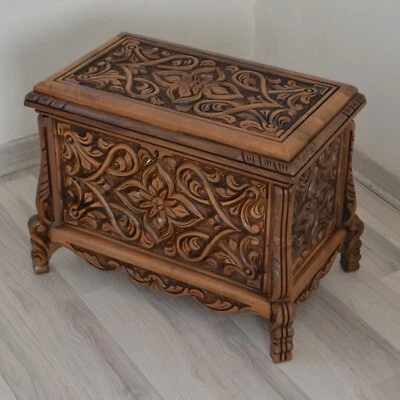 Walnut Wood Storage Box, Hand Carved Decorative Turkish Traditional Storage Box - Image 1 of 4