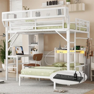 Full over Twin Metal Bunk Bed Detachable with Desk,Bookshelves & LED Ligth,White - Image 1 of 4