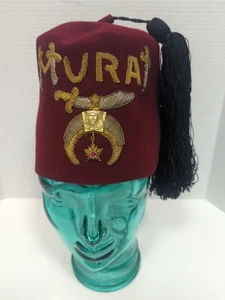 Vintage Murat Masonic Fez Hat Graphic Embellished Tassel Red Black Sz 7 1/4 - Picture 1 of 10