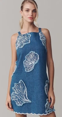 Anthropologie Dress Womens Large Blue mini Denim Embroidered Floral Sleeveless - Image 1 of 4