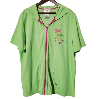 Sudadera con Capucha Quacker Factory Escena de Playa Recortada Talla 3X Chaqueta Verde Lima Palma Para Mujer Foto 1 de 4
