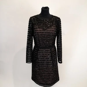 Karen Millen Sequin Dress Long Sleeve Black With Nude Lining Size 10 (#H1/22) - Picture 1 of 6