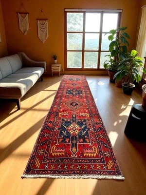 Vintage Antique Caucasian Heris Carpet Handmade Wool Runner Animal Rug 3'3 x 11 - Image 1 of 4