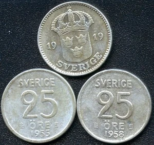 Sweden 1919 1955 & 1958 25 Ore Coins - Picture 1 of 2
