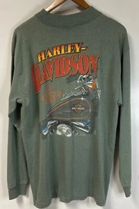 Vintage 90s Harley Davidson Long Sleeve Mock Neck Tee T-Shirt 1996 L Faded Green - Bild 1 von 12