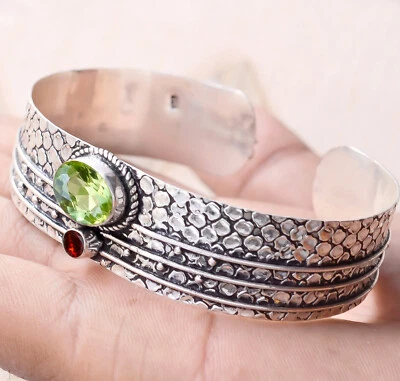 Peridot Cut, Garnet Cut Gemstone Bracelet 925 Sterling Silver Man's Cuff Jewelry - Image 1 of 4