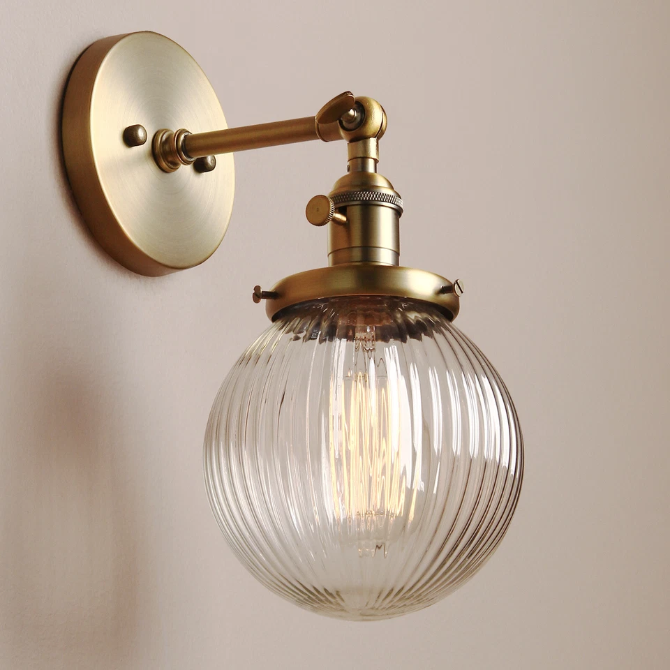 Vintage Industrial Wall Lamp Sconce 5.9" Round Ribbed Glass Shade Light w Switch - Image 1 of 4