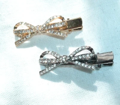 复古一对锡金水钻蝴蝶结发夹 — 第 1/4 张图片