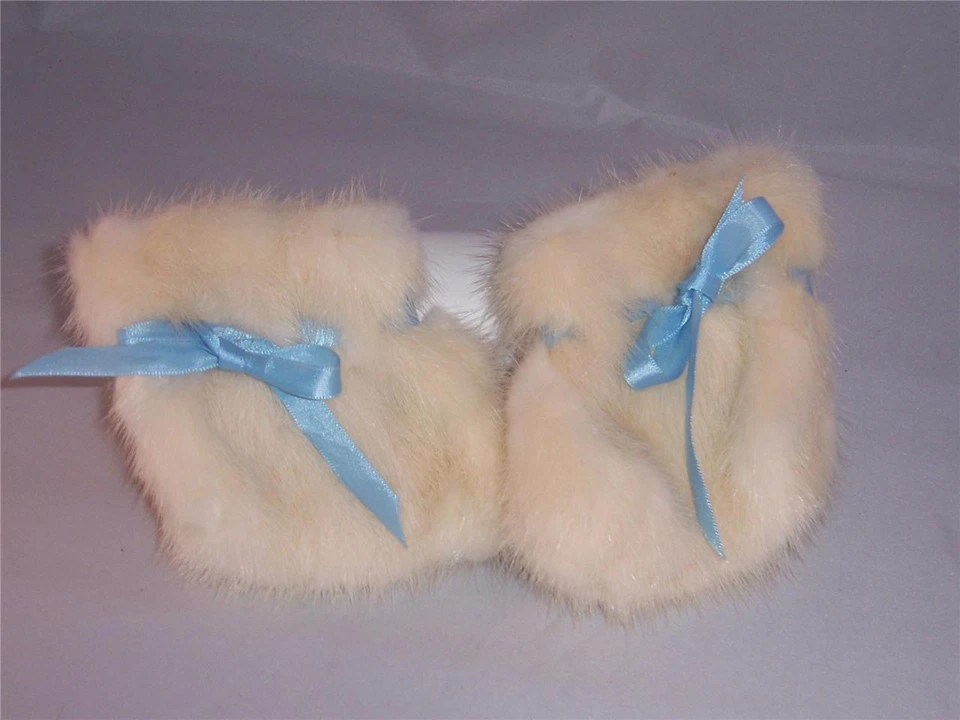 Baby Boy Fur Booties Ivory  Blue Ribbons and Satin lined  NEW - Image 1 of 1