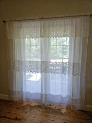 Victorian Sheers & Lace Curtain Panels 55x84 White 18" Valance Set of 2 - LOVELY - Image 1 of 4