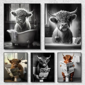 Animal Canvas Painting Funny Highland Cow On Toilet Wall Art Poster Canvas Mural - Picture 1 of 19