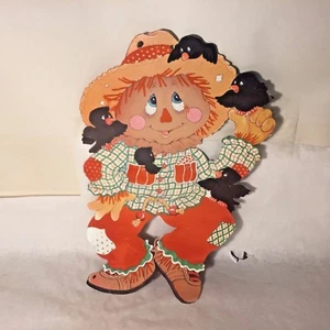Vtg FLOCKED Halloween Thanksgiving SCARECROW Raven Crow Bird Diecut Straw Hat - Picture 1 of 6