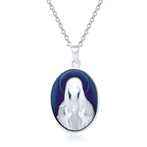 Vintage Simulated Blue Agate Virgin Mary Cameo Pendant Necklace Sterling Silver - Picture 1 of 4