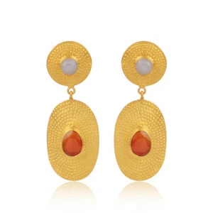 Rainbow Moonstone with Red Onyx Gemstone Handmade Women Gold Plated Earrings - Picture 1 of 5