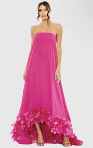 Mac Duggal 13001 Sz 12 Fuchsia Pink Strapless Flare Feathers Hi Low Gown $798 - Picture 1 of 11
