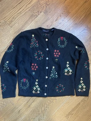 De Colección Karen Scott Negro Árbol de Navidad Lentejuelas Lana Cárdigan Suéter Mujer Talla S Foto 1 de 4
