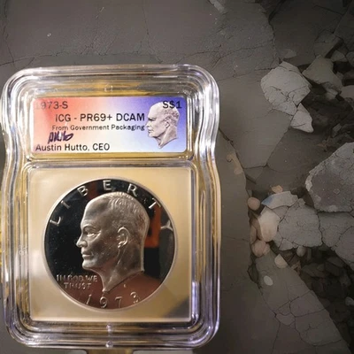 1973-S Silver Eisenhower IKE Dollar ICG PR69+ DCAM Austin Hutto Signed - Image 1 of 3
