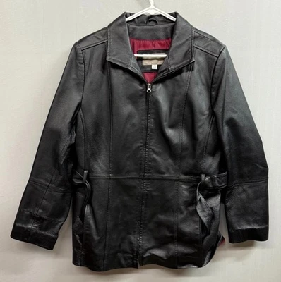 Croft & Barrow Leather Jacket Womens Large Black Pebbled Belted Full Zip Lined - Image 1 of 4