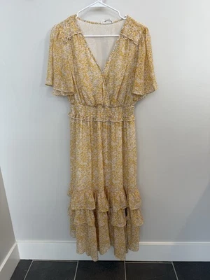 Loveriche Women's Large Yellow Floral Midi Dress Smocked Waist - Image 1 of 4