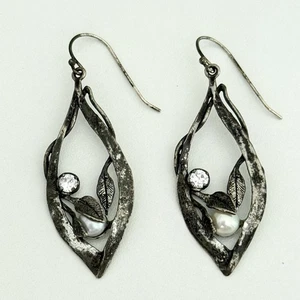 Noa Zuman Israel Vintage 925 Sterling Silver Pearl Flower Oxidized Drop Earrings - Picture 1 of 7
