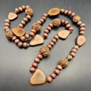Chunky Boho Beaded Necklace Wooden Nut Seed Chocolate Brown Long 32” In Vintage - Picture 1 of 8
