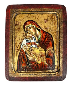 Bysantinische griechisch-orthodoxe Ikone Gemälde Vater Pefkis Blattgold Jungfrau Maria Jesus - Bild 1 von 4