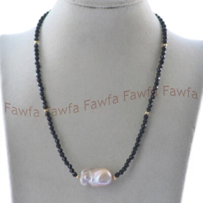 Collar de perlas barrocas Keshi púrpura de 18"" de ágata negra facetada de 4 mm y enorme 18x25 mm Foto 1 de 3
