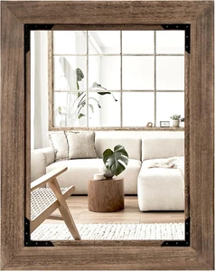 28"X36" Solid Wood Bathroom Mirror Tempered Glass for Wall Mounted, Rustic Wood - Picture 1 of 8