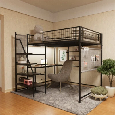 Full Size Metal Loft Bed w/Charging Station and LED Light for Bedroom Dormitory - Image 1 of 4