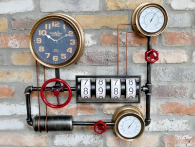 Industrial Pipe Clock With Faux Pressure Gauge, Dials, Cogs and Pipes - Image 1 of 4