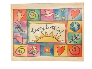 Happy Birthday Word Phrase Greeting Sun Hand Earth Symbols Wood Rubber Stamp - Picture 1 of 3