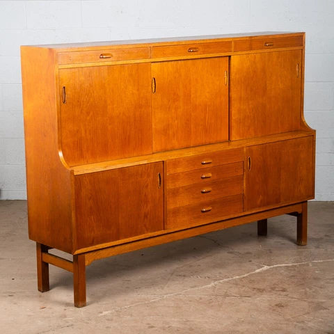Mid Century Danish Modern Credenza Highboard Sideboard Sliding Doors Drawers NM Cover