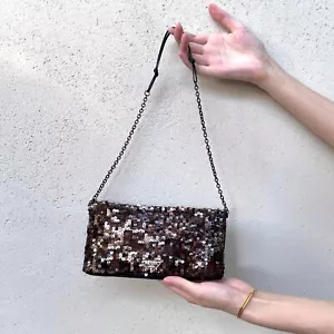 RARE☆☆☆Auth PRADA Sequin Brown Mini Triangle Logo Chain Shoulder Bag - Picture 1 of 16