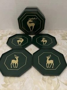 Vintage Enesco Christmas Plastic Coasters Set Green Gold Reindeer - Picture 1 of 5