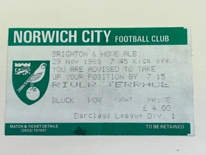 Boleto de partido Copa Zenith Data Zenith 1989/90 Norwich City V Brighton 29-11-1989 - Imagen 1 de 1