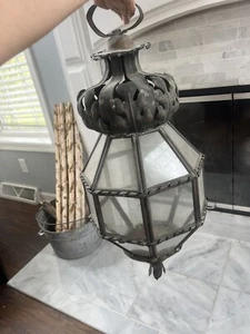 Tole and Glass Lantern Glass Light French European Street Lamp French - Picture 1 of 24