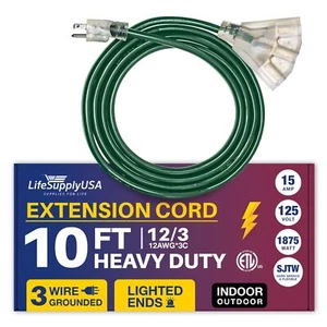 10ft Power Outdoor Extension Cord & Indoor - Waterproof Electric Drop Cord Cable - Picture 1 of 7