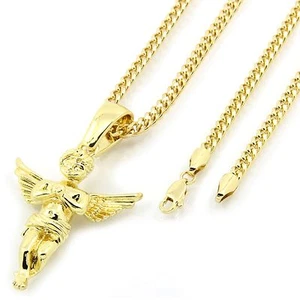 Men's 14k Gold Plated Open Wings Angel Pendant Hip-Hop 30" Cuban Chain - Picture 1 of 5