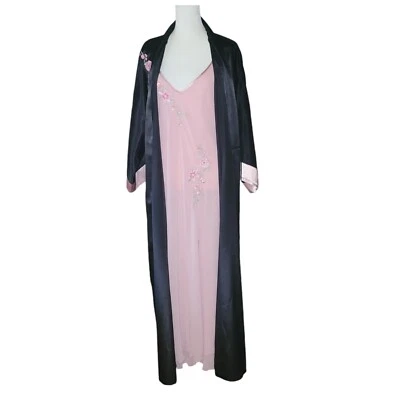 Linea Donatella Peignor Set Negro y Rosa Talla LG Floral Bordado Bata Camisón Foto 1 de 4
