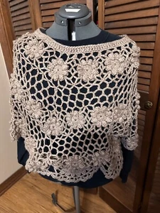 Lumiere Crochet Over Sweater Large Sleeve opening Flower pattern Taupe Large - Picture 1 of 16