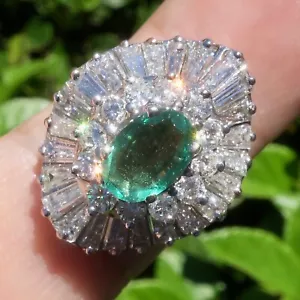 18k Solid White Gold Natural Emerald and Diamond Ballerina Ring Size 6.75 - Picture 1 of 11