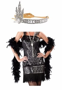Sexy Vestido Negro Flapper Mujer Adulto Cristal Tiara Collar Disfraz Halloween M - Imagen 1 de 3