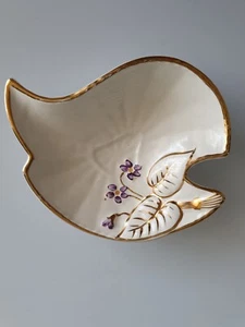 Crown Devon Vintage Pin Tray Leaf Shape Handpainted Gold Trim Purple Flower 1372 - Picture 1 of 11