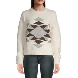 A.N.A. $50 Quilt Motif Long Sleeve Ivory/Brown/Blue Pullover Sweater Size M NWT - Picture 1 of 5