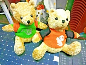 2x -  8" Plush Teddy Bears Ghost Sweater Orange  & Bat Sweater Lime Green - Picture 1 of 9
