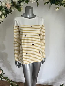 X JOULES Harbour Top Embroidered Gold Dog Womens Size 10 & 12 Cream Stripe OE67 - Picture 1 of 20