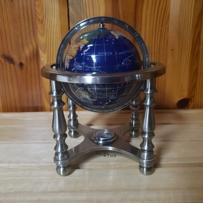 Brújula base tono níquel globo piedra preciosa océano lapislázuli azul 8” T. Foto 1 de 4