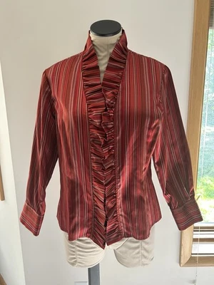 Talbots Womens Shirt Size 12 Red Striped Long Sleeve Ruffled Button Silk Blend - Image 1 of 3