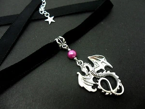 A LADIES GIRLS 10MM BLACK VELVET PURPLE BEAD DRAGON CHOKER NECKLACE . NEW. - Picture 1 of 2