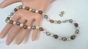 Estate Fresh Water Warm Color Knotted Pearl Necklace 17”, Ster. Earrings - Picture 1 of 15